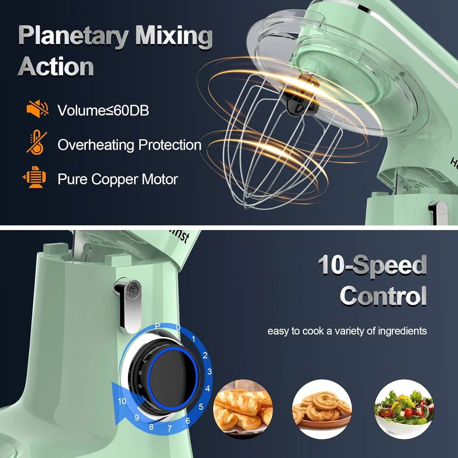Stand Mixer, 6.5QT 10-Speed Tilt-Head Electric Stand Mixer, 3-In-1 Kitchen Mixer with Bowl, Dough Hook, Whisk and Beater, Food Mixer for Baking, Cake and Most Home Cooks, Light Green