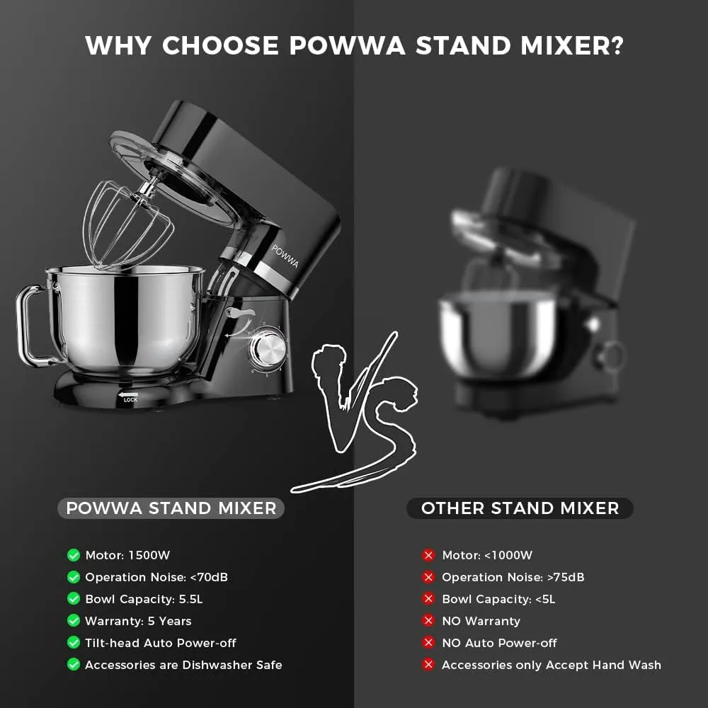 Stand Mixer, POWWA 6.5 Quart Electric Mixer, 6 1 Speed 660W Tilt-Head Kitchen Food Mixers with Whisk, Dough Hook, Mixing Beater & Splash Guard for Baking, Cake, Cookie, Kneading, ETL Certified (Black)