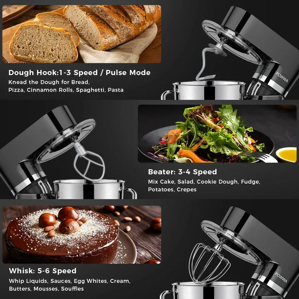 Stand Mixer, POWWA 6.5 Quart Electric Mixer, 6 1 Speed 660W Tilt-Head Kitchen Food Mixers with Whisk, Dough Hook, Mixing Beater & Splash Guard for Baking, Cake, Cookie, Kneading, ETL Certified (Black)