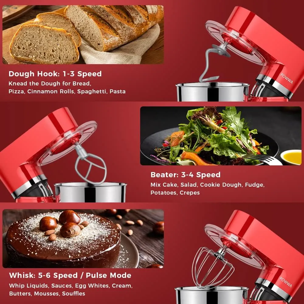 Stand Mixer, POWWA 7.5 QT Electric Mixer, 6 P Speed 660W Household Tilt-Head Kitchen Food Mixers with Whisk, Dough Hook, Mixing Beater & Splash Guard for Baking, Cake, Cookie, Kneading (Red)