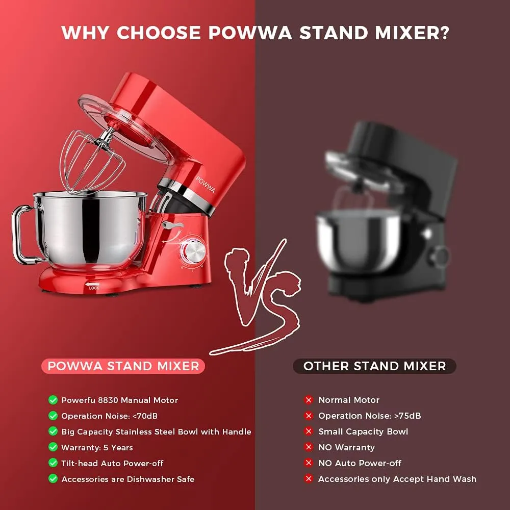 Stand Mixer, POWWA 7.5 QT Electric Mixer, 6 P Speed 660W Household Tilt-Head Kitchen Food Mixers with Whisk, Dough Hook, Mixing Beater & Splash Guard for Baking, Cake, Cookie, Kneading (Red)