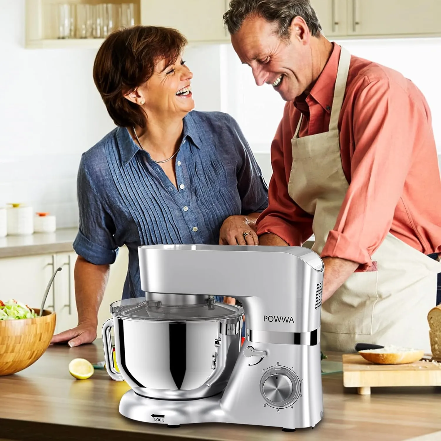 Stand Mixer, POWWA 7.5 Quart Electric Mixer, 6 1 Speed 660W Tilt-Head Kitchen Food Mixers with Whisk, Dough Hook, Mixing Beater & Splash Guard for Baking, Cake, Cookie (Silver-with Handle)