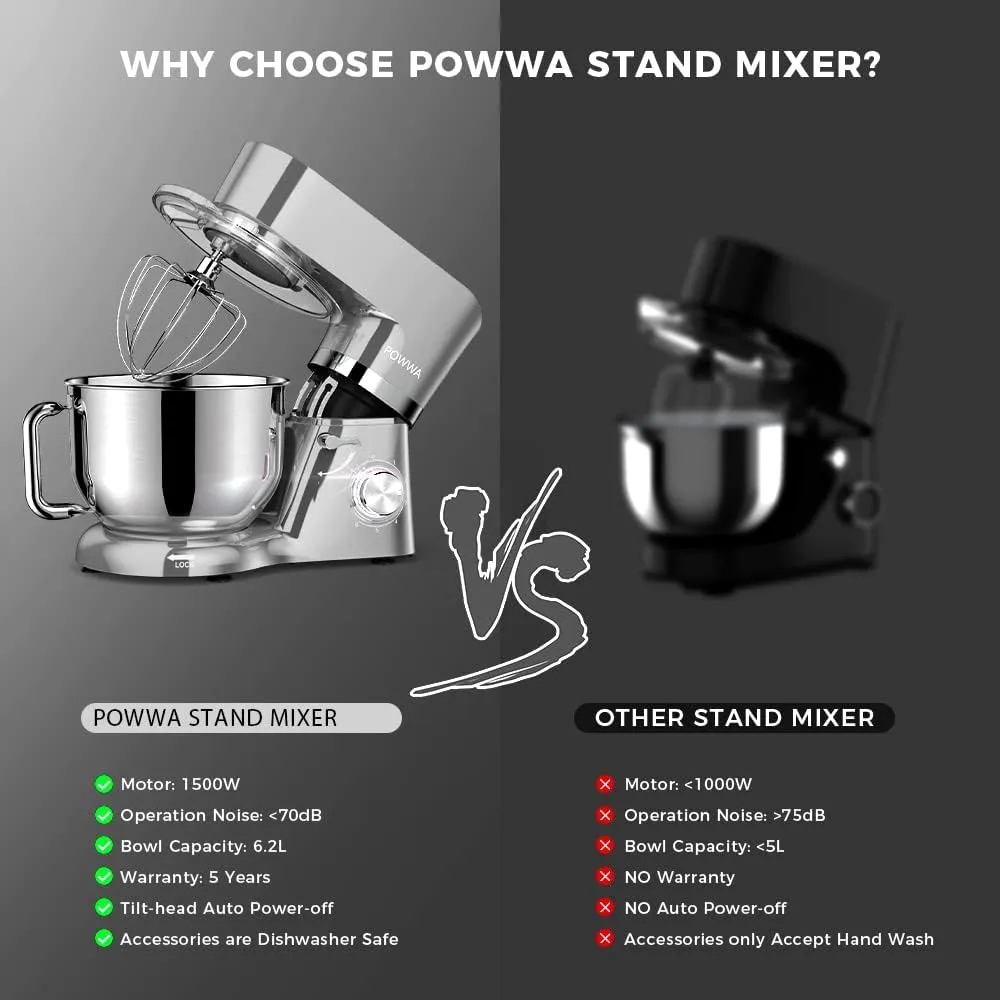 Stand Mixer, POWWA 7.5 Quart Electric Mixer, 6 1 Speed 660W Tilt-Head Kitchen Food Mixers with Whisk, Dough Hook, Mixing Beater & Splash Guard for Baking, Cake, Cookie (Silver-with Handle)