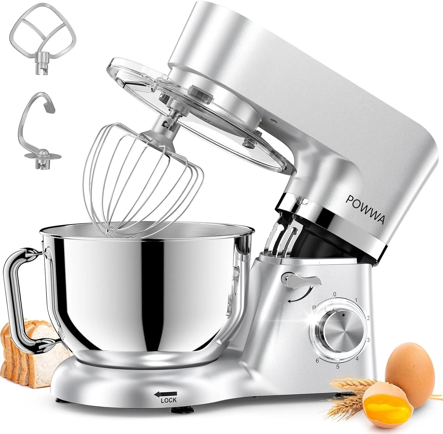 Stand Mixer, POWWA 7.5 Quart Electric Mixer, 6 1 Speed 660W Tilt-Head Kitchen Food Mixers with Whisk, Dough Hook, Mixing Beater & Splash Guard for Baking, Cake, Cookie (Silver-with Handle)
