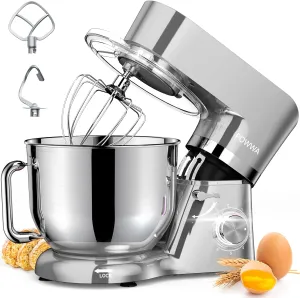 Stand Mixer, POWWA 7.5 Quart Electric Mixer, 6 1 Speed 660W Tilt-Head Kitchen Food Mixers with Whisk, Dough Hook, Mixing Beater & Splash Guard for Baking, Cake, Cookie (Silver-with Handle)