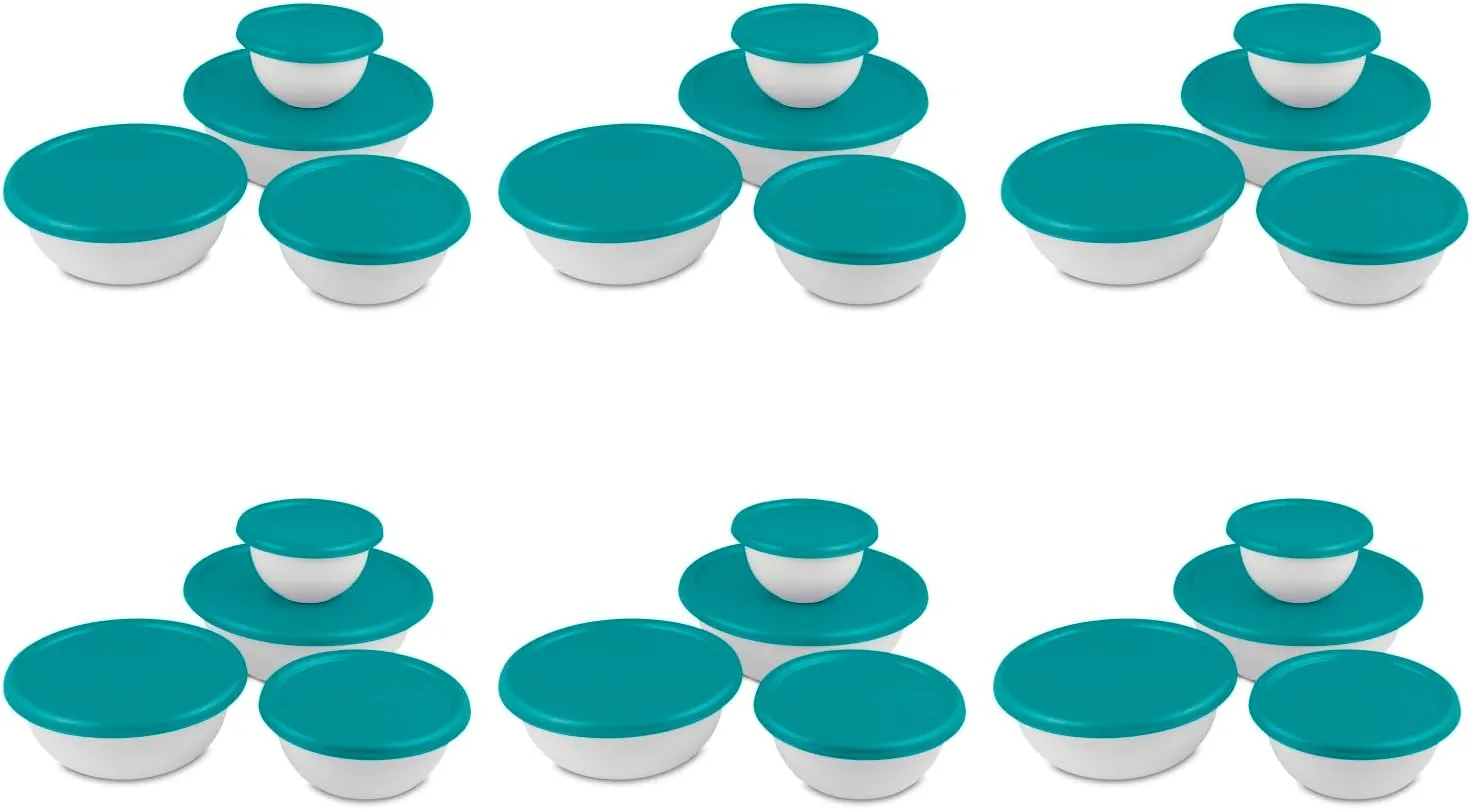 Sterilite 8-Piece Covered Bowl Set, 4 Plastic Bowls Ranging in Size w/ 4 Lids, Food Storage, Dishwasher and Microwave Safe, White and Teal lid, 6-Pack