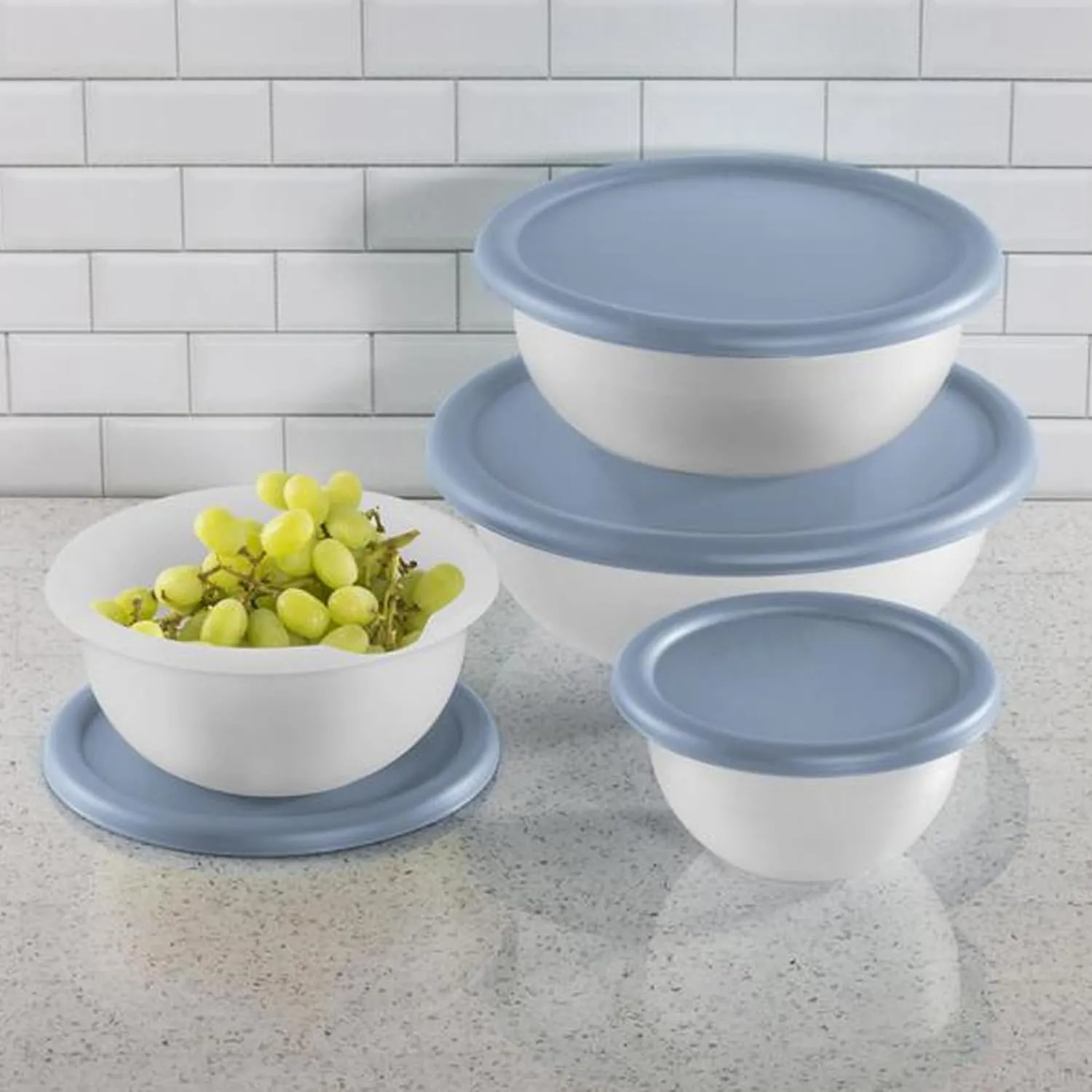 Sterilite Covered Bowl Set, Plastic Nesting Kitchen Mixing Bowls with Pour Spout, Meal Prep Food Storage Containers with Lids, Washed Blue (Set of 6)