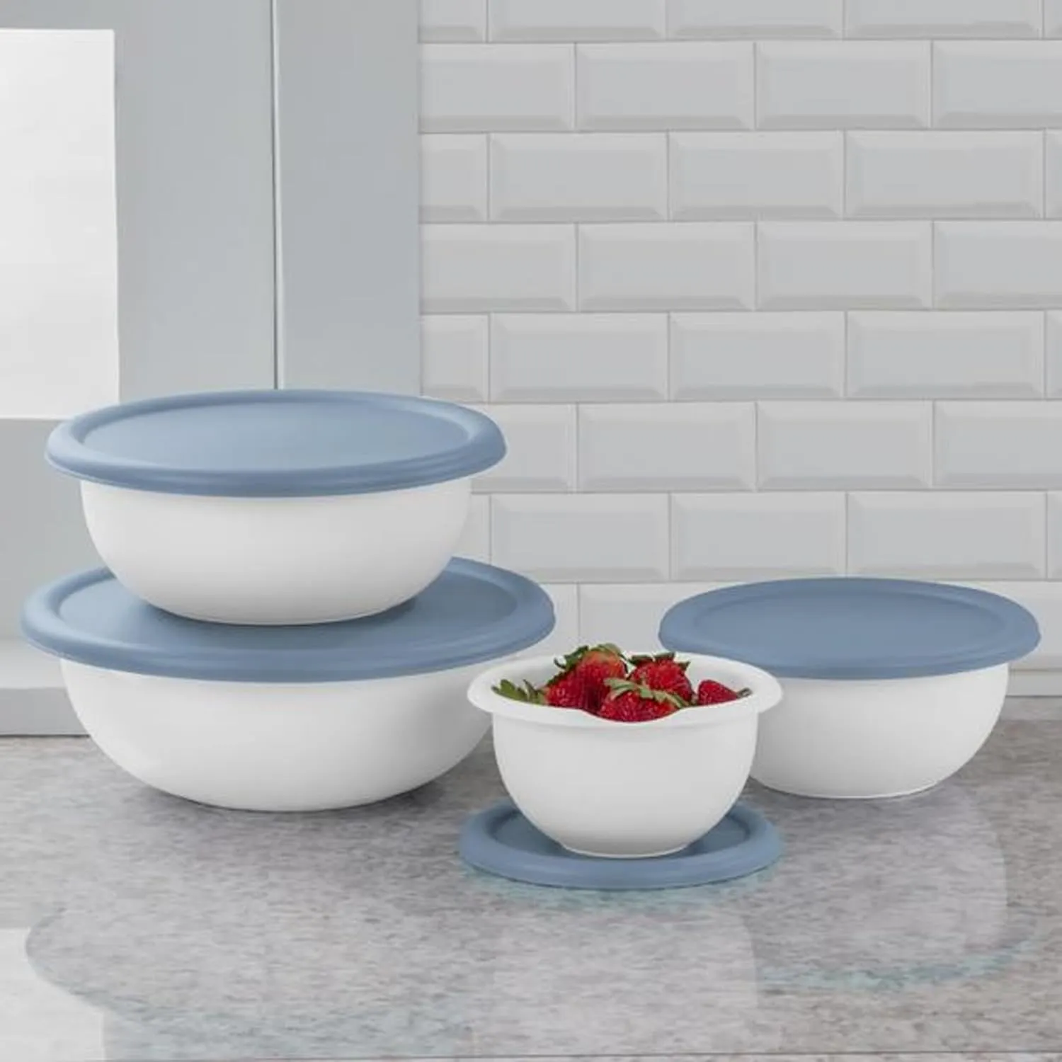 Sterilite Covered Bowl Set, Plastic Nesting Kitchen Mixing Bowls with Pour Spout, Meal Prep Food Storage Containers with Lids, Washed Blue (Set of 6)