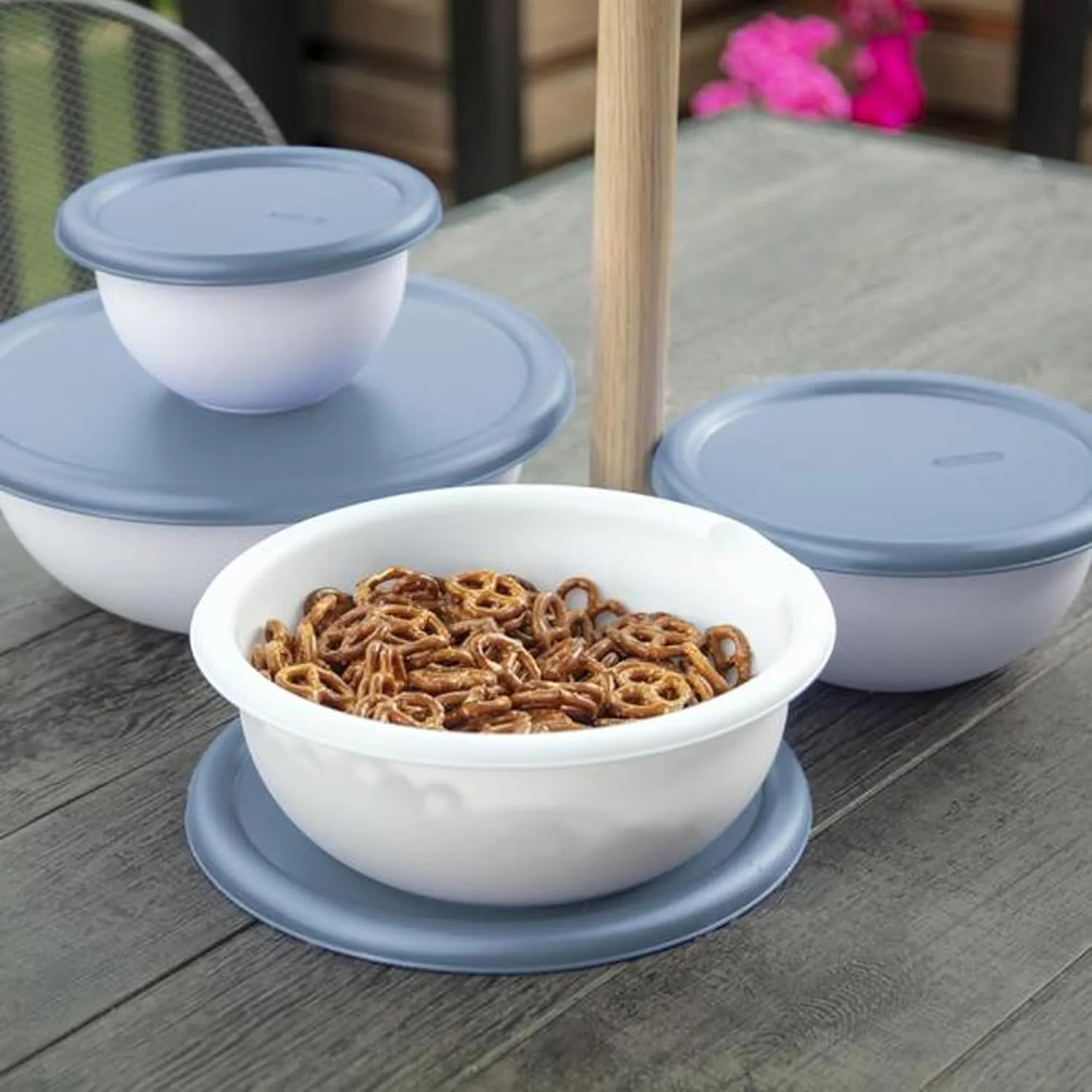 Sterilite Covered Bowl Set, Plastic Nesting Kitchen Mixing Bowls with Pour Spout, Meal Prep Food Storage Containers with Lids, Washed Blue (Set of 6)