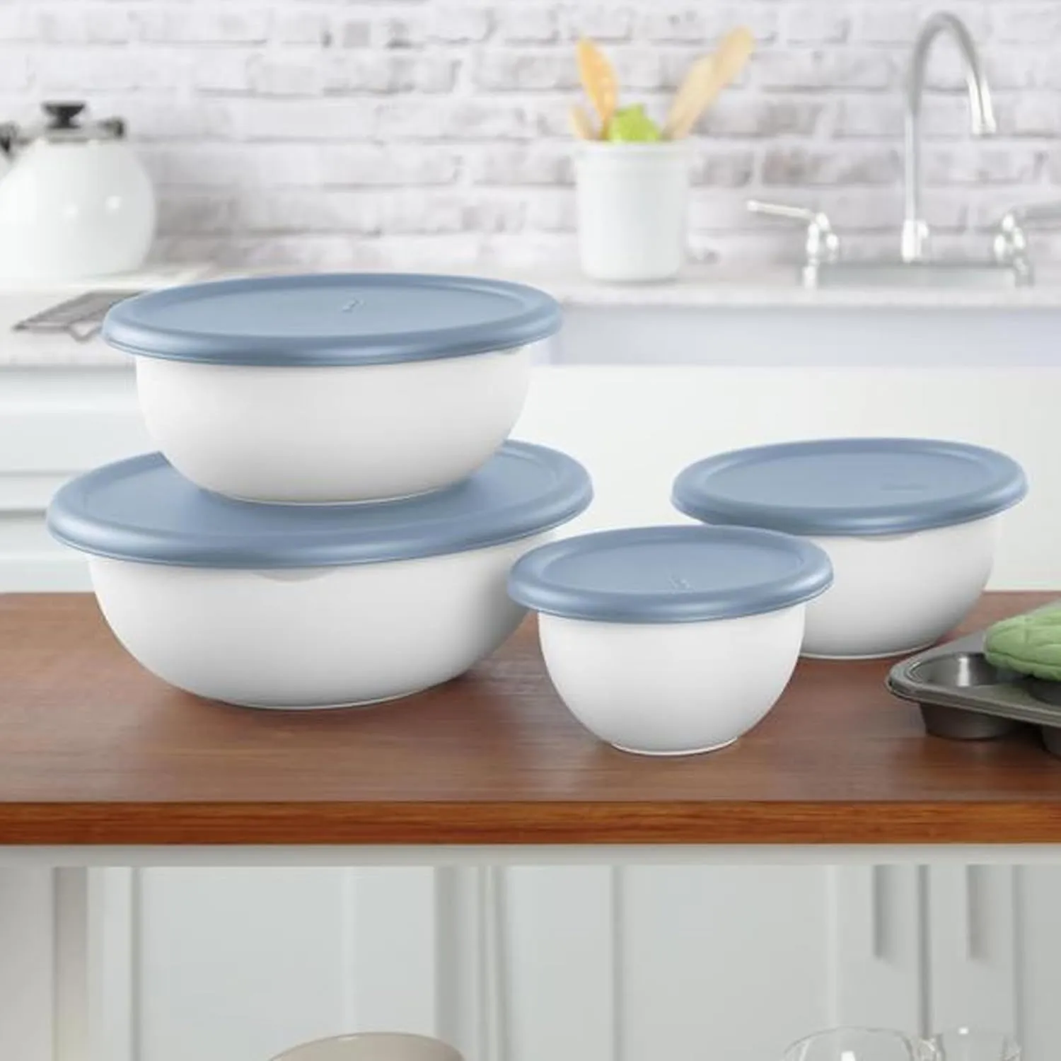 Sterilite Covered Bowl Set, Plastic Nesting Kitchen Mixing Bowls with Pour Spout, Meal Prep Food Storage Containers with Lids, Washed Blue (Set of 6)