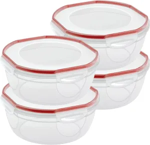 Sterilite Ultra-Seal 4.7 Qt Bowl, Large Airtight Food Storage Container, Latching Lid, Microwave and Dishwasher Safe, Clear With Red Gasket, 4-Pack