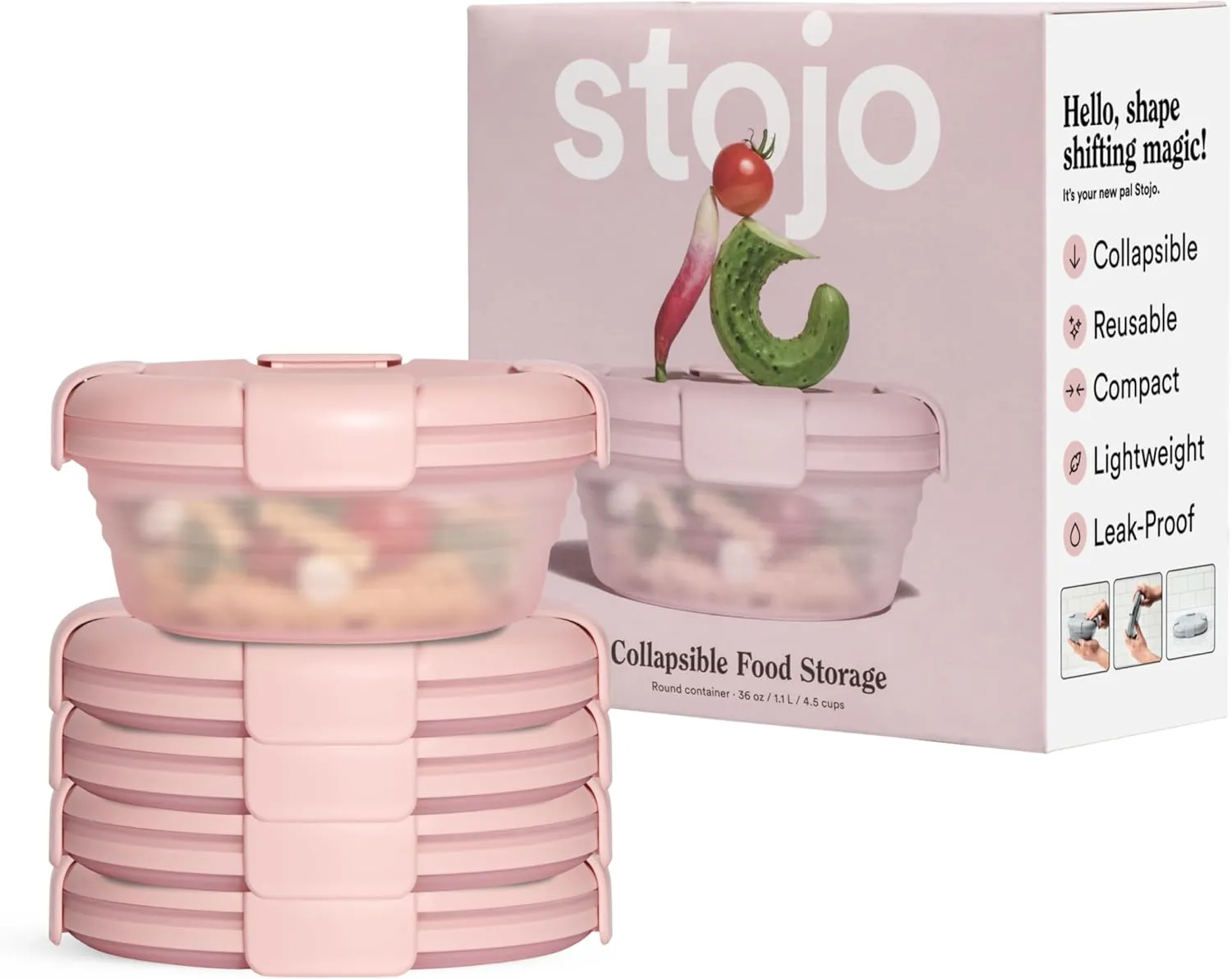 STOJO Collapsible Bowl 5 Set - Translucent Carnation, 36oz - Reusable Silicone Bowl for Hot and Cold Food - Perfect for Travel, Meal Prep, To-Go Lunch, Camping & Hiking - Microwave & Dishwasher Safe