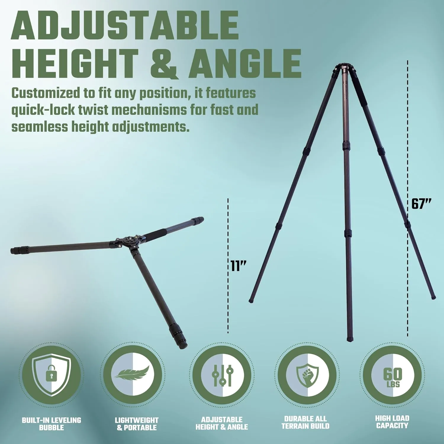 Stronghold Carbon Fiber Shooting Tripod - Lightweight & Portable - Adjustable Height & Quick-Lock Twist Legs Mounting with 360-Degree Rotation & Built-in Leveling Bubble