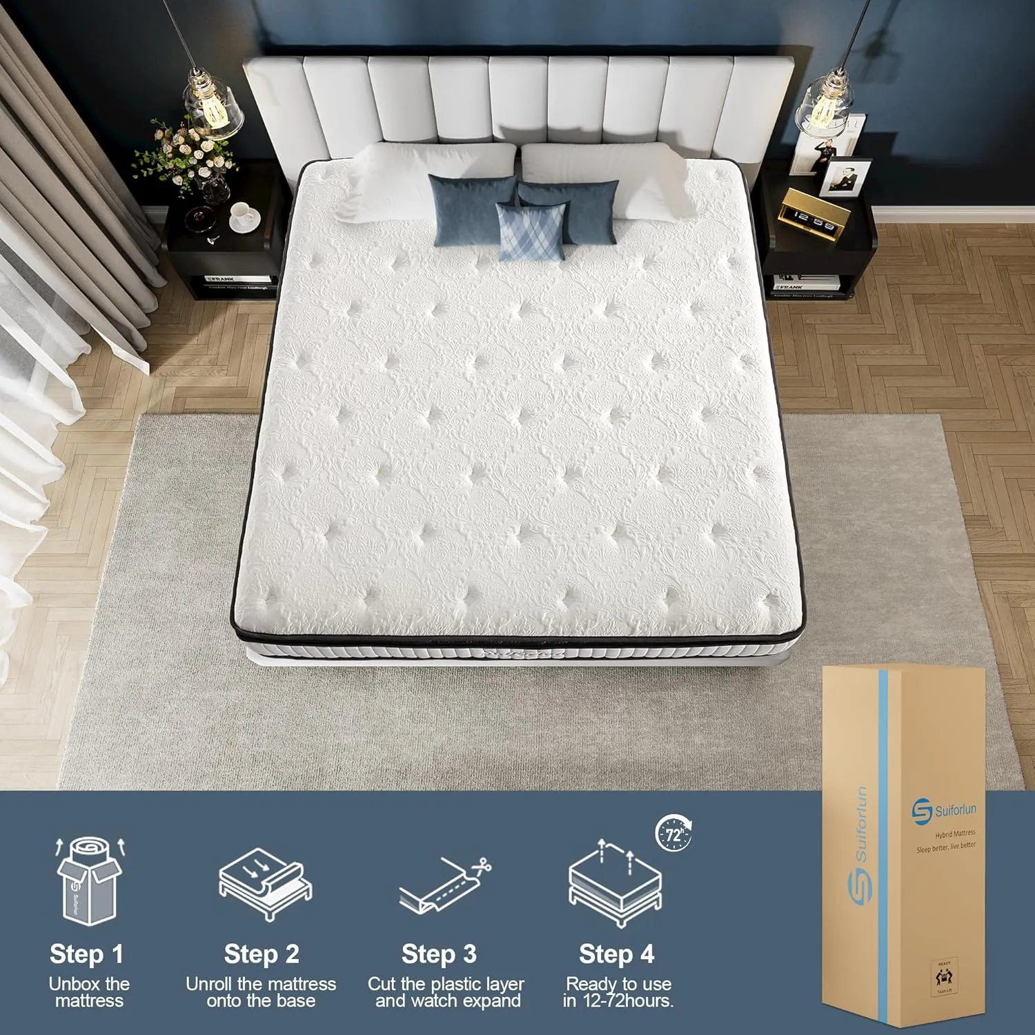 Suiforlun King Mattress 12 Inch, Pillow Top Gel Memory Foam Hybrid Mattress with Luxury 7 Layers, Zone Pocket Coils Innerspring for Back Pain Relief, Medium Firm, 120 Nights Trial