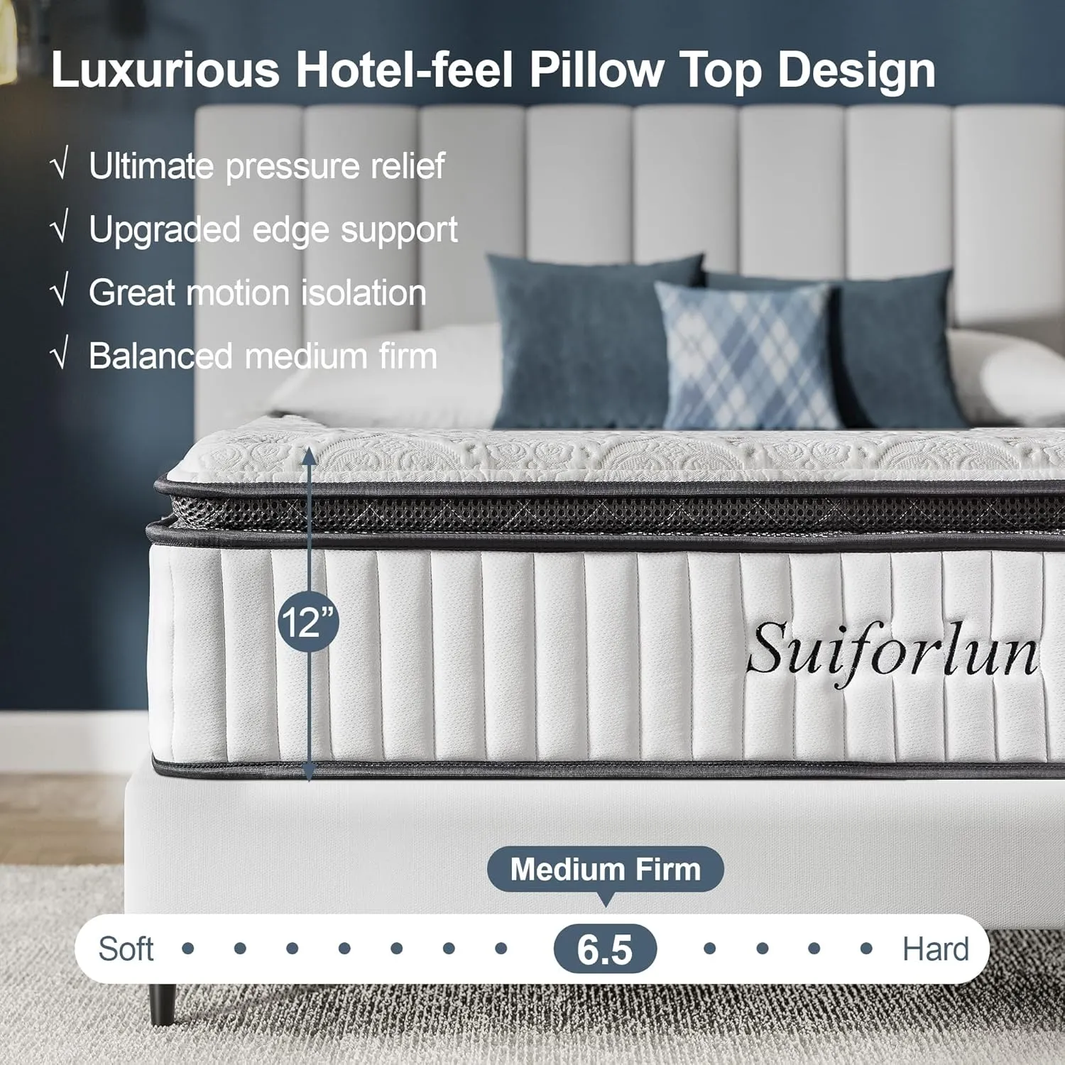 Suiforlun King Mattress 12 Inch, Pillow Top Gel Memory Foam Hybrid Mattress with Luxury 7 Layers, Zone Pocket Coils Innerspring for Back Pain Relief, Medium Firm, 120 Nights Trial