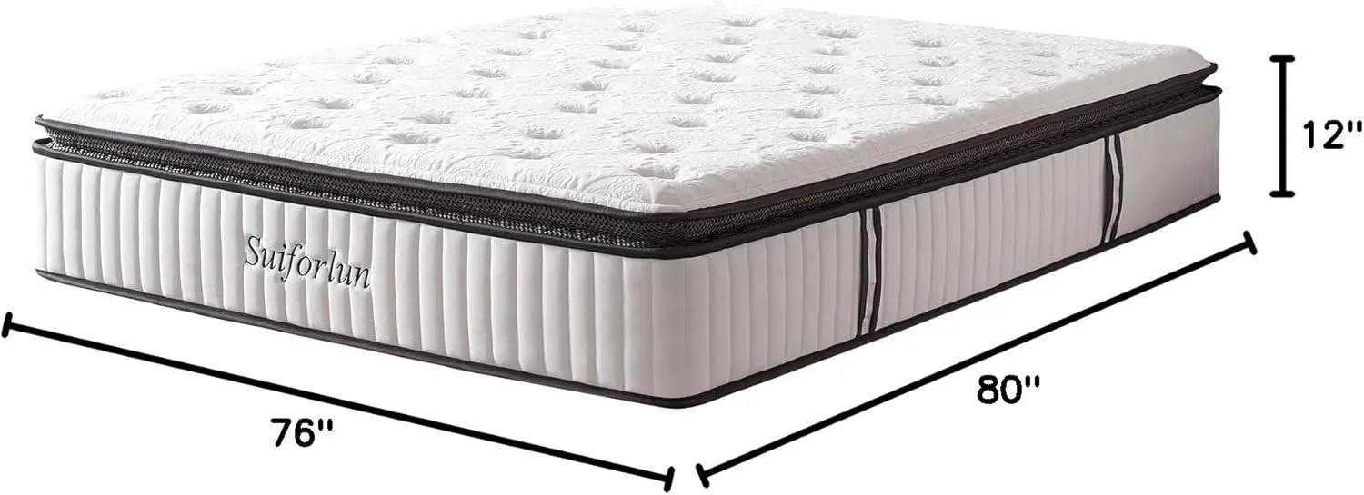Suiforlun King Mattress 12 Inch, Pillow Top Gel Memory Foam Hybrid Mattress with Luxury 7 Layers, Zone Pocket Coils Innerspring for Back Pain Relief, Medium Firm, 120 Nights Trial