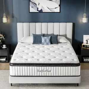 Suiforlun King Mattress 12 Inch, Pillow Top Gel Memory Foam Hybrid Mattress with Luxury 7 Layers, Zone Pocket Coils Innerspring for Back Pain Relief, Medium Firm, 120 Nights Trial