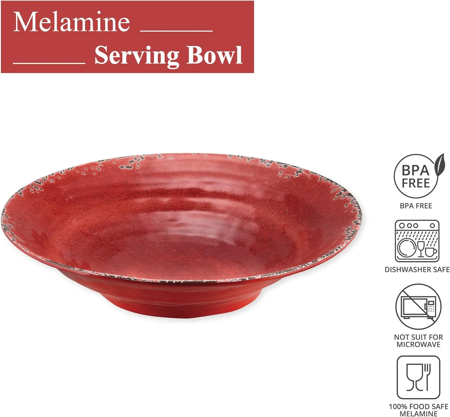 Supreme Housewares Crackle Melamine Serving Bowl, BPA-Free Rustic Textured Large Bowl for Salad, Pasta, Fruit, or Entertaining, 16 Inch, 166 oz, Red