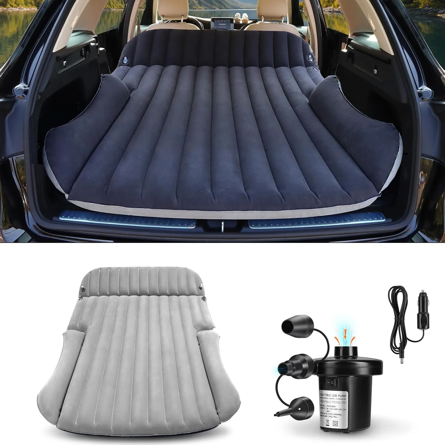SUV Air Mattress with Double-Sided-Thick Flocked/Car Mattress with Pump & Built-in Pillow/Leakproof Comfortable Durable Car Air Mattress/Car Bed for Auto Camping,Road Trip