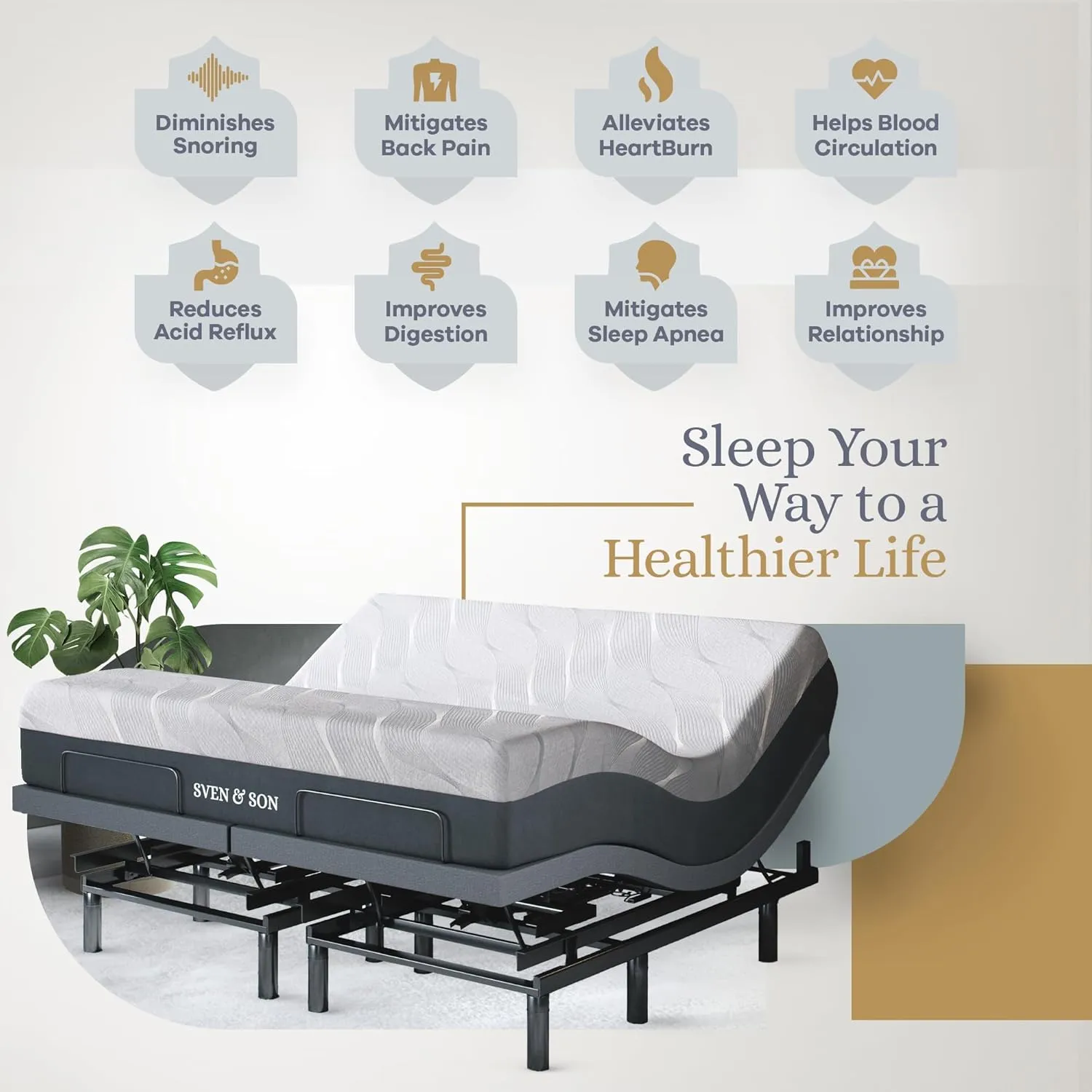 Sven & Son Bliss Adjustable Bed Base-Frame   14 inch Hybrid Spring Matt (Medium Soft), Head and Foot Lift, Lumbar, Pillow-Tilt, Massage, Under-Bed Lights, USB, Memory, Zero Gravity - King