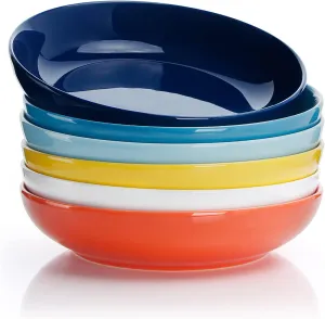 Sweese Pasta Bowls, 22 Ounce Salad Serving Bowls Set of 6, 7.6 Inch Porcelain Plates for Serving Dinner, Salad - Microwave Dishwasher Safe, Hot Assorted Colors