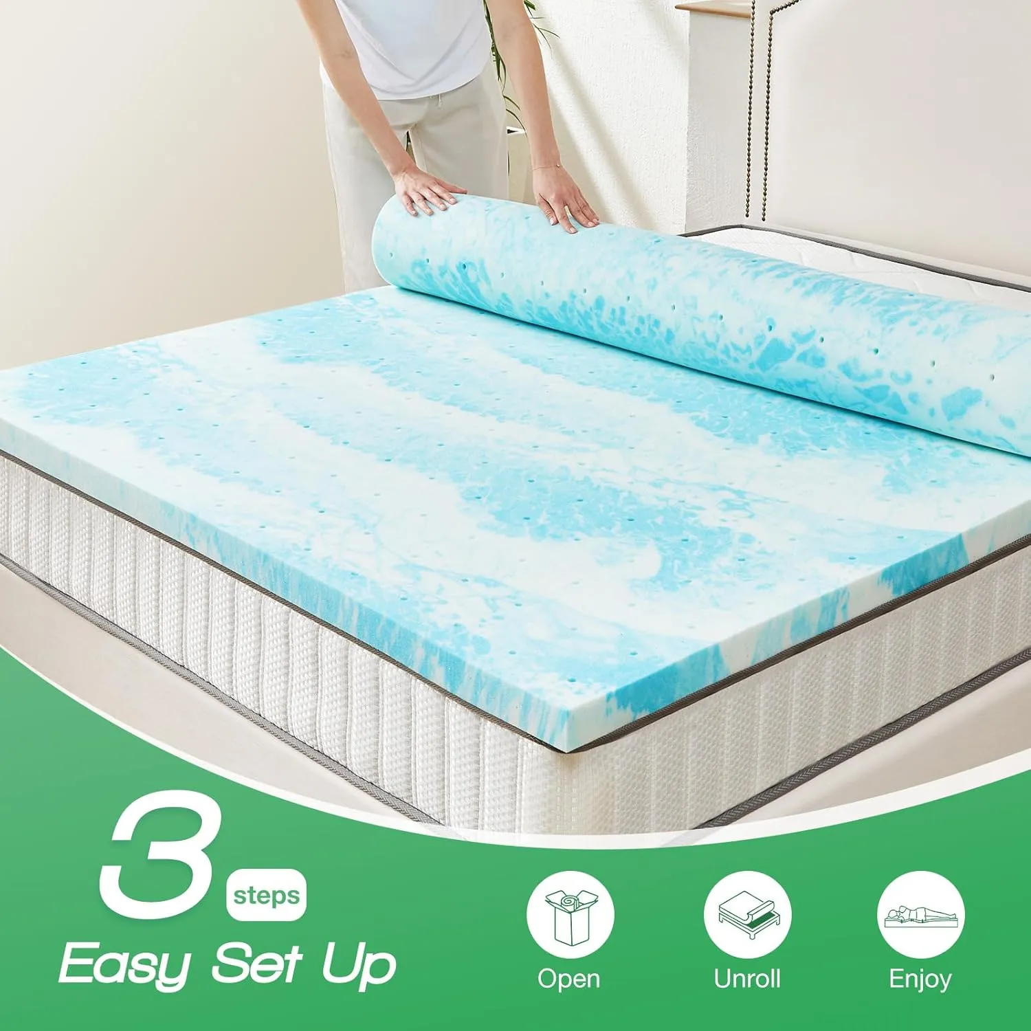 Sweetcrispy Mattress Topper Full, 3 Inch Thick Memory Foam Gel Infused Cooling Toppers Pad for Full Size Bed, Sleeper Sofa, RV, Camper, CertiPUR US Certified, Ventilated and Breathable, Blue, Full