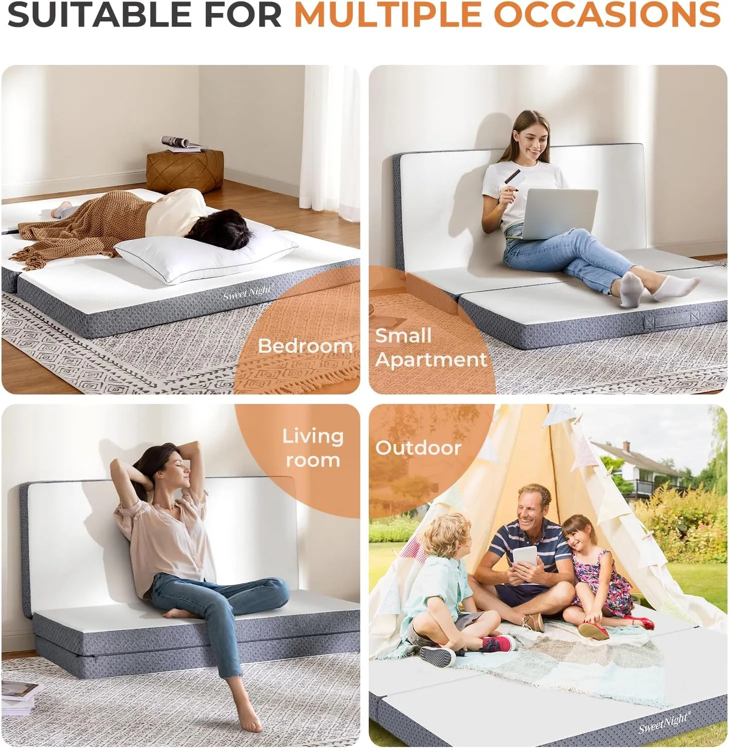 Sweetnight Tri Folding Mattress - 4-inch Foldable Mattress with a Collapsible and Washable Cover | Medium-Firm with Non-Slip Design | Suitable for RV Travel, Camping, Guest （Queen）