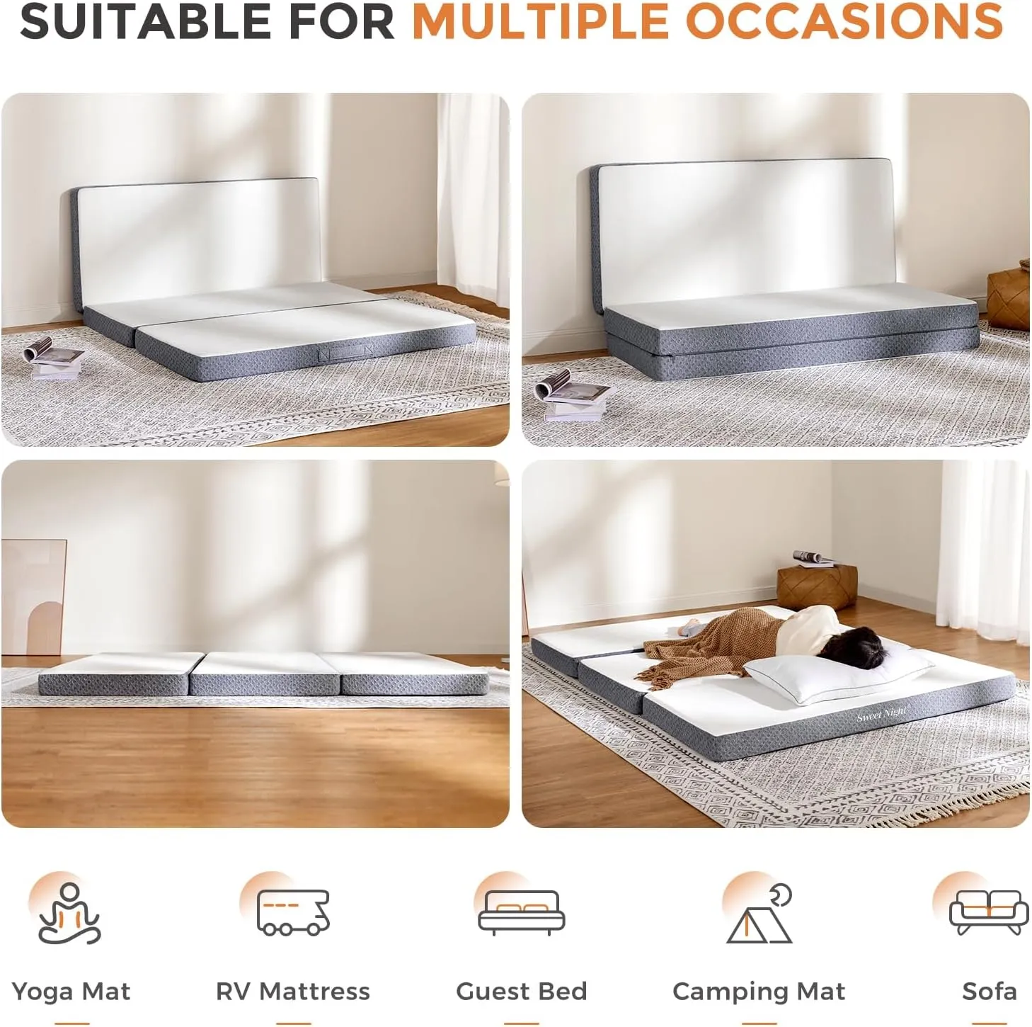 Sweetnight Tri Folding Mattress - 4-inch Foldable Mattress with a Collapsible and Washable Cover | Medium-Firm with Non-Slip Design | Suitable for RV Travel, Camping, Guest （Queen）
