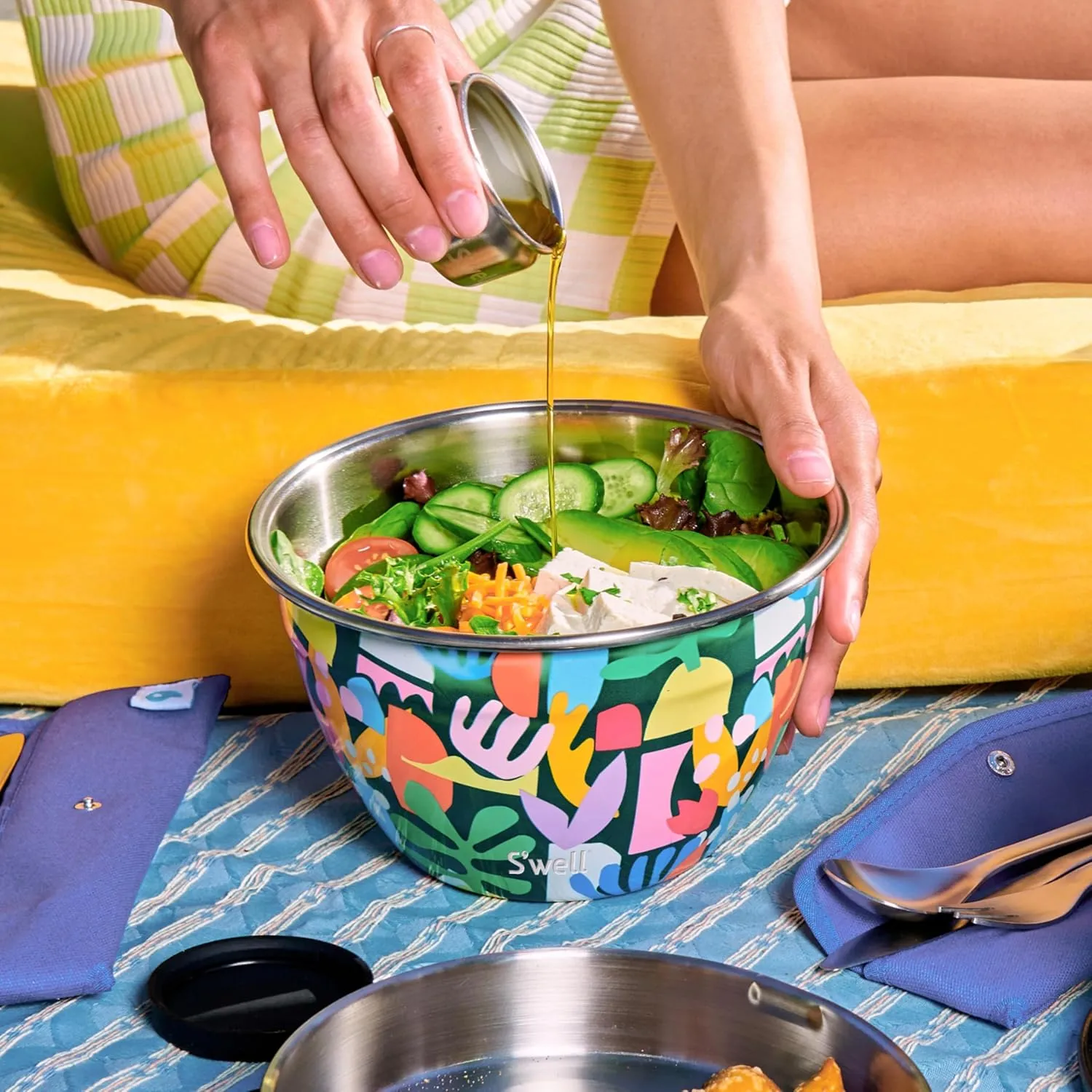 S'well Stainless Steel Salad Bowl Kit 64oz, Paper Cutouts, Comes with 2oz Mini Canister and Removable Tray for Organization, Leakproof, Easy to Clean, Dishwasher Safe