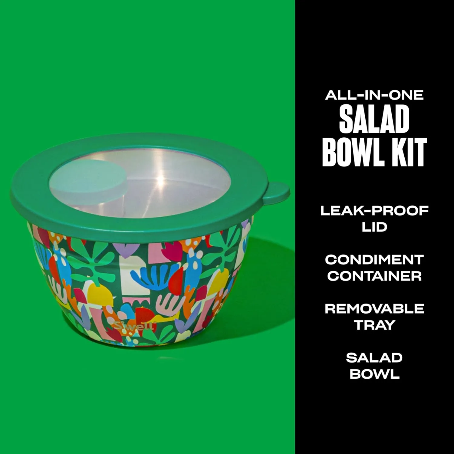 S'well Stainless Steel Salad Bowl Kit 64oz, Paper Cutouts, Comes with 2oz Mini Canister and Removable Tray for Organization, Leakproof, Easy to Clean, Dishwasher Safe