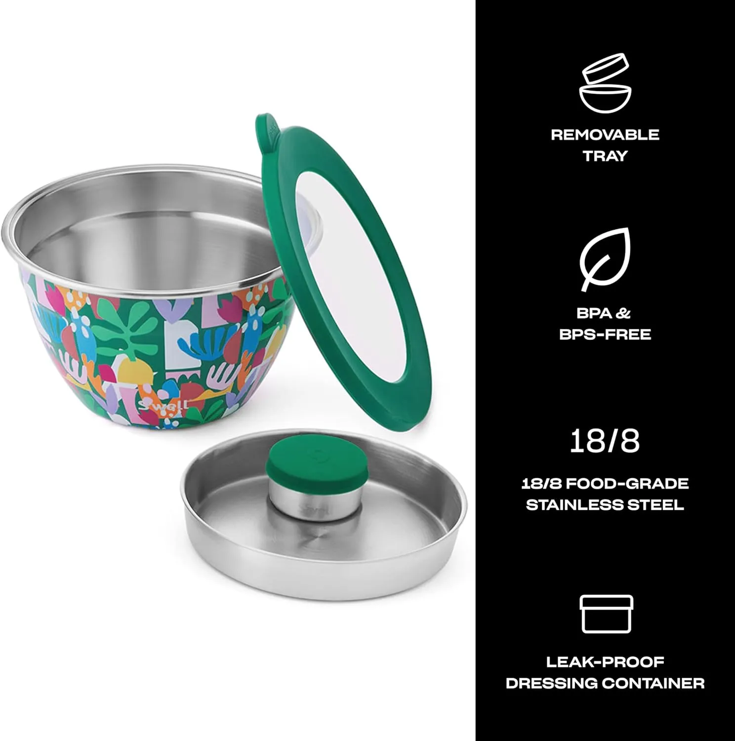 S'well Stainless Steel Salad Bowl Kit 64oz, Paper Cutouts, Comes with 2oz Mini Canister and Removable Tray for Organization, Leakproof, Easy to Clean, Dishwasher Safe