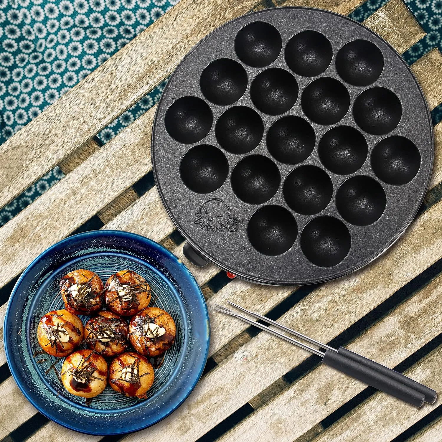Takoyaki Maker Pan with Temperature Control, Tools and Recipes, Make 18 Japanese Octopus Balls at once, Easy to Use and Store