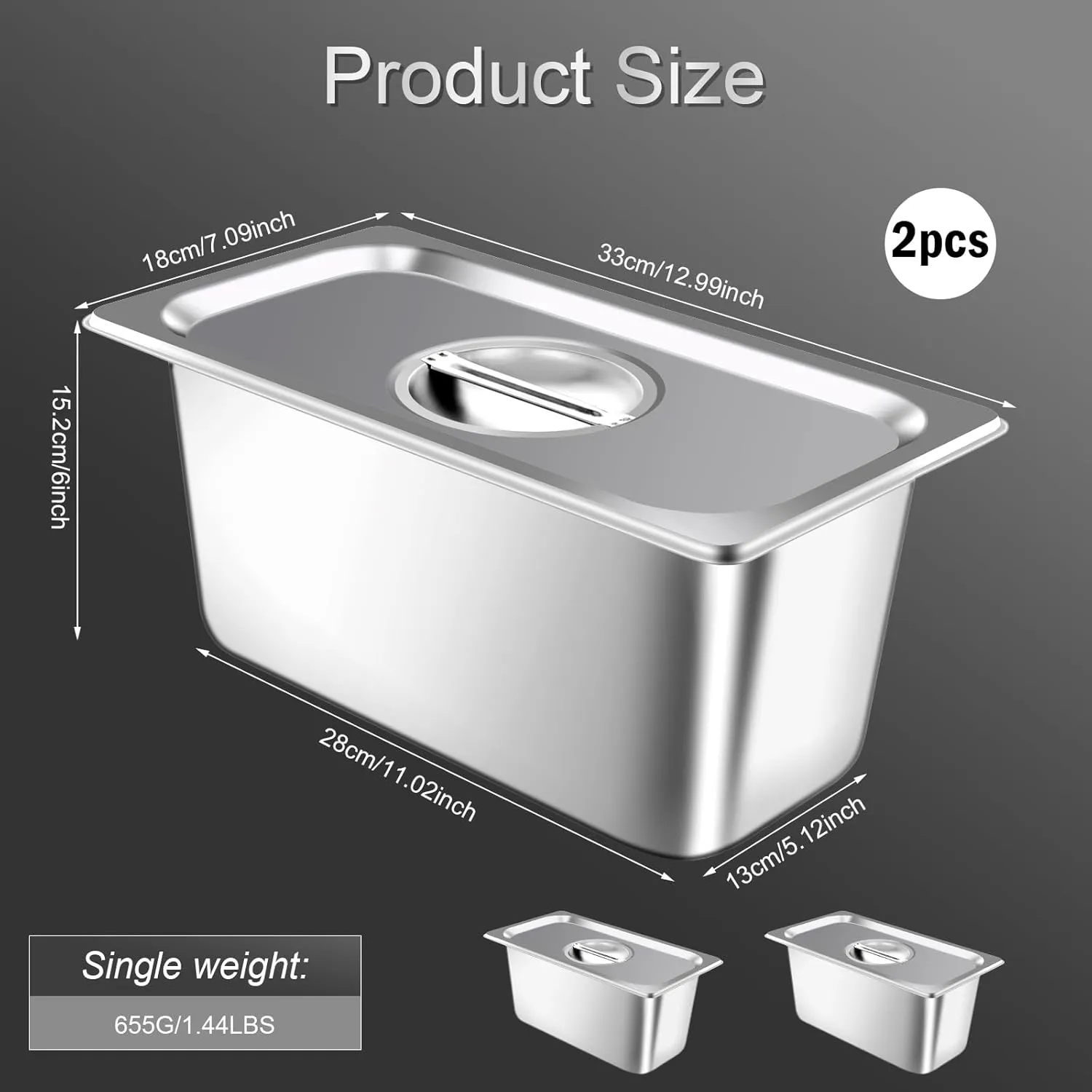 tchrules 2 Pack Hotel Pan With Lids, Steam Table Pans 1/3 Size x 6 Inch Deep, Commercial Stainless Steel Pan, Restaurant Steam Table Pans
