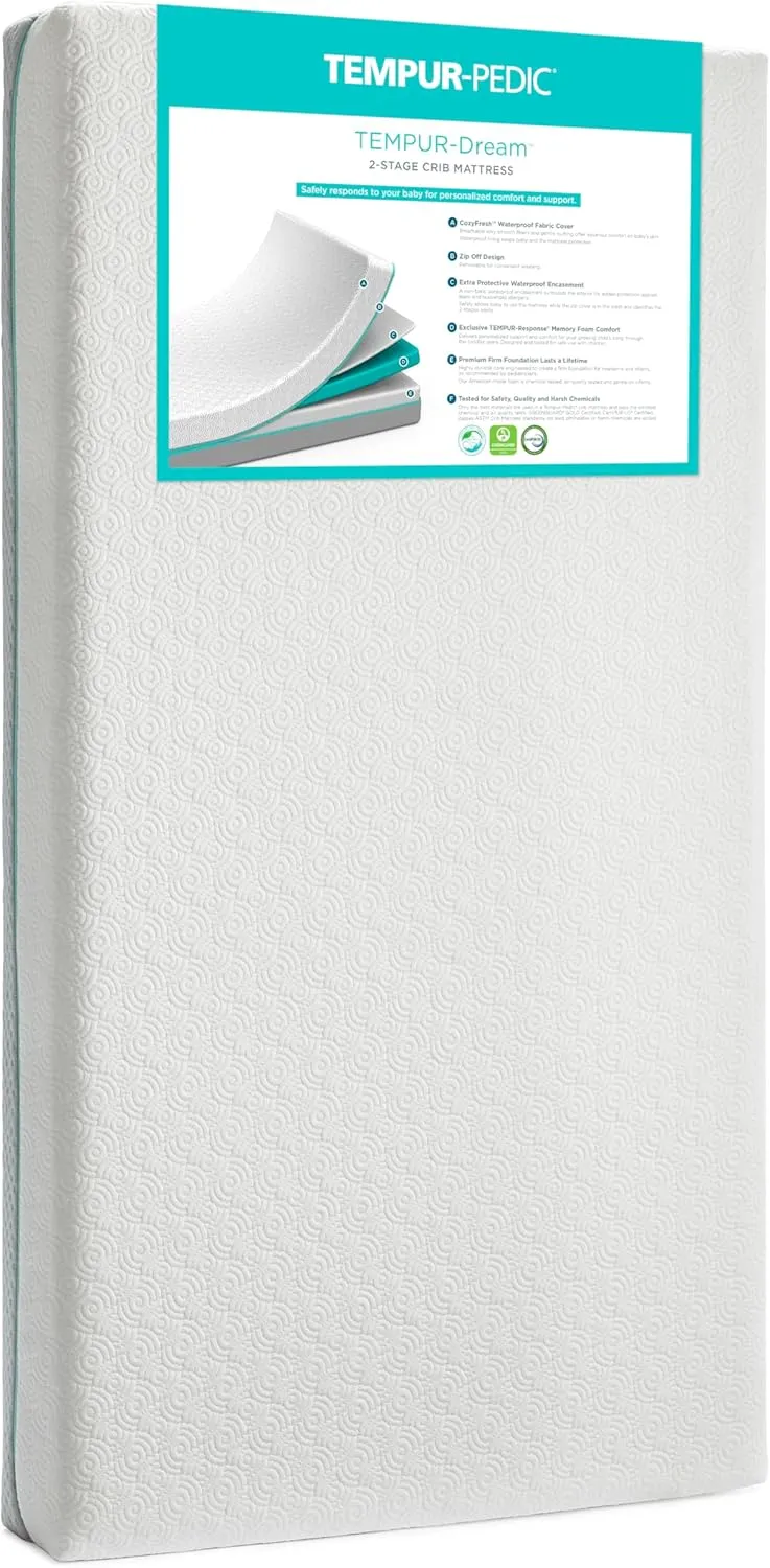 Tempur-Pedic TEMPUR-Dream 2-Stage Waterproof Baby Crib and Toddler Mattress - Made in USA, 52"x28"