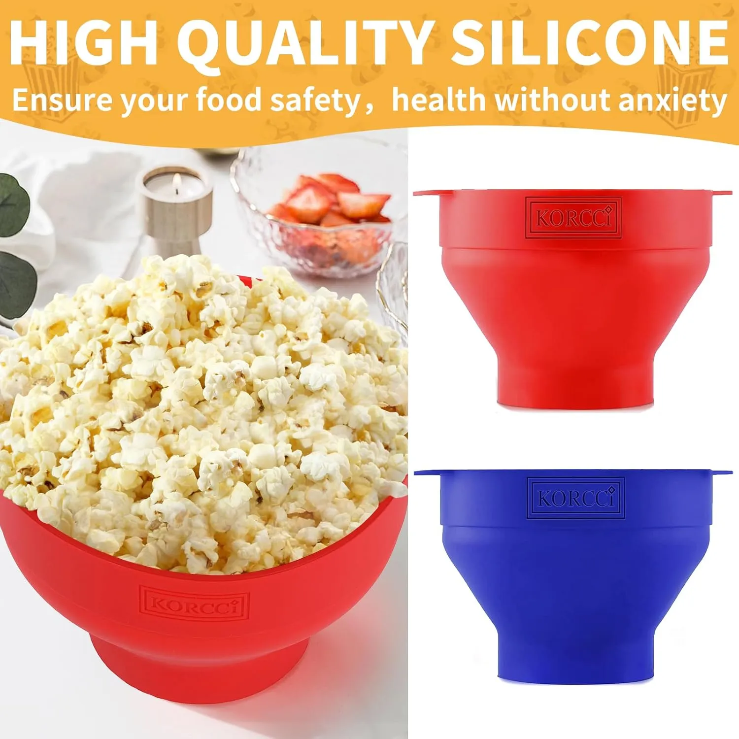 The Original Korcci Microwaveable Silicone Popcorn Popper, Microwave Popcorn Popper, Collapsible Microwave Popcorn Maker Bowl, No Oil Required, Use In Microwave, Dishwasher Safe (Blue Red)