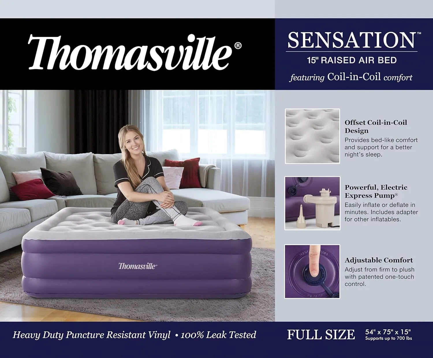 Thomasville Sensation Air Bed Mattress with Express Pump and Coil-in-Coil Comfort, 15" Full