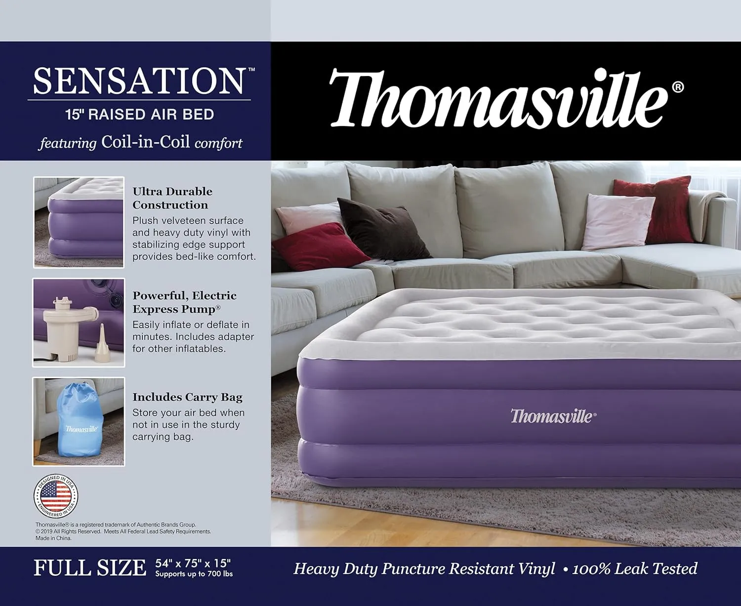 Thomasville Sensation Air Bed Mattress with Express Pump and Coil-in-Coil Comfort, 15" Full