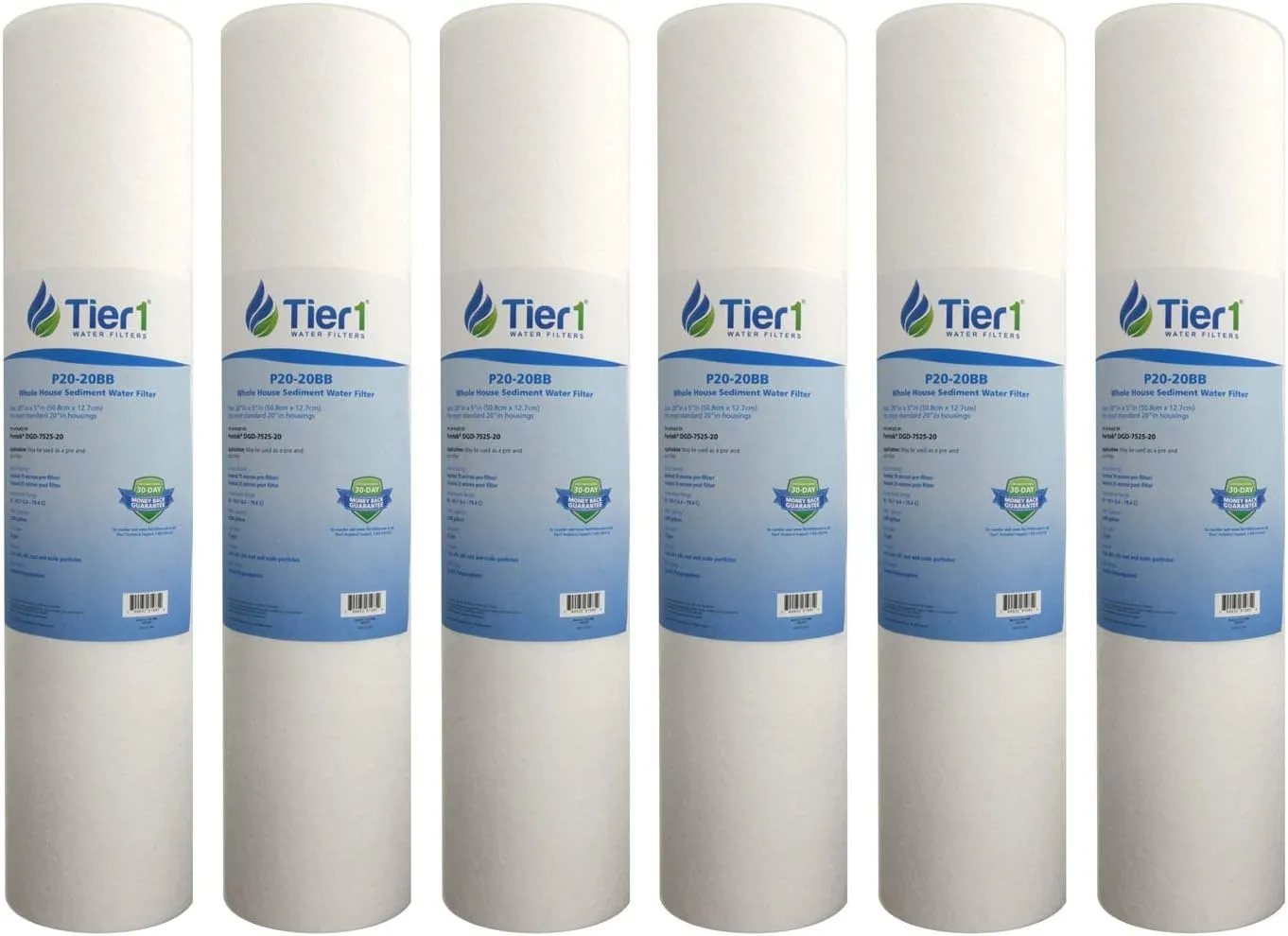 Tier1 20 Micron 20 Inch x 4.5 Inch | 6-Pack Spun Wound Polypropylene Whole House Sediment Water Filter Replacement Cartridge | Compatible with Pentek DGD-7525-20, 155356-43, Home Water Filter