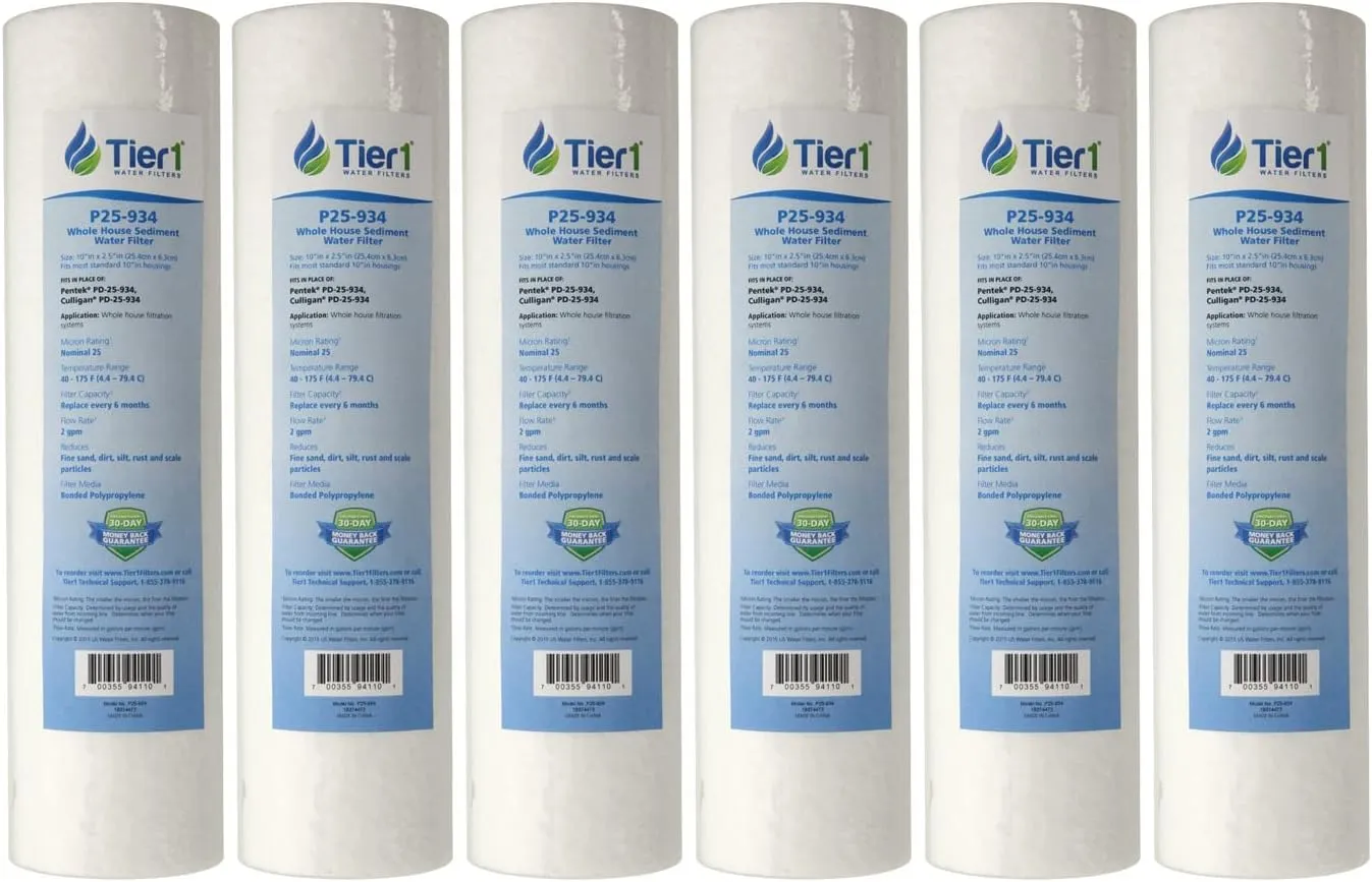 Tier1 25 Micron 10 x 2.5 Inch | 6-Pack Spun Wound Polypropylene Whole House Sediment Water Filter Replacement Cartridge | Compatible with Pentek PD-25-934, American Plumber W25P, Home Water Filter