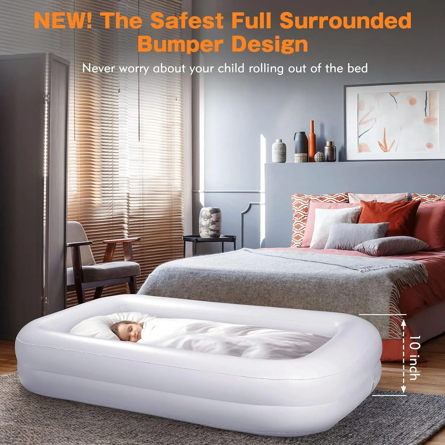 Toddler Travel Bed [4-Side] | Reversible 2 Colors Kids Air Mattress | Inflatable Toddler Bed | Portable Kids Blow Up Travel Bed with Sides, Orange & Aquamarine