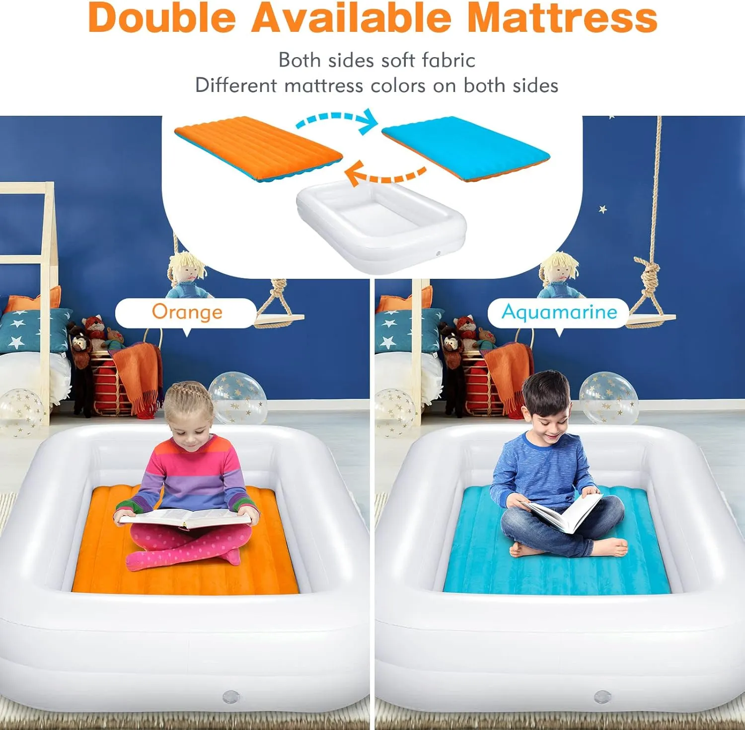 Toddler Travel Bed [4-Side] | Reversible 2 Colors Kids Air Mattress | Inflatable Toddler Bed | Portable Kids Blow Up Travel Bed with Sides, Orange & Aquamarine
