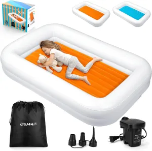 Toddler Travel Bed [4-Side] | Reversible 2 Colors Kids Air Mattress | Inflatable Toddler Bed | Portable Kids Blow Up Travel Bed with Sides, Orange & Aquamarine