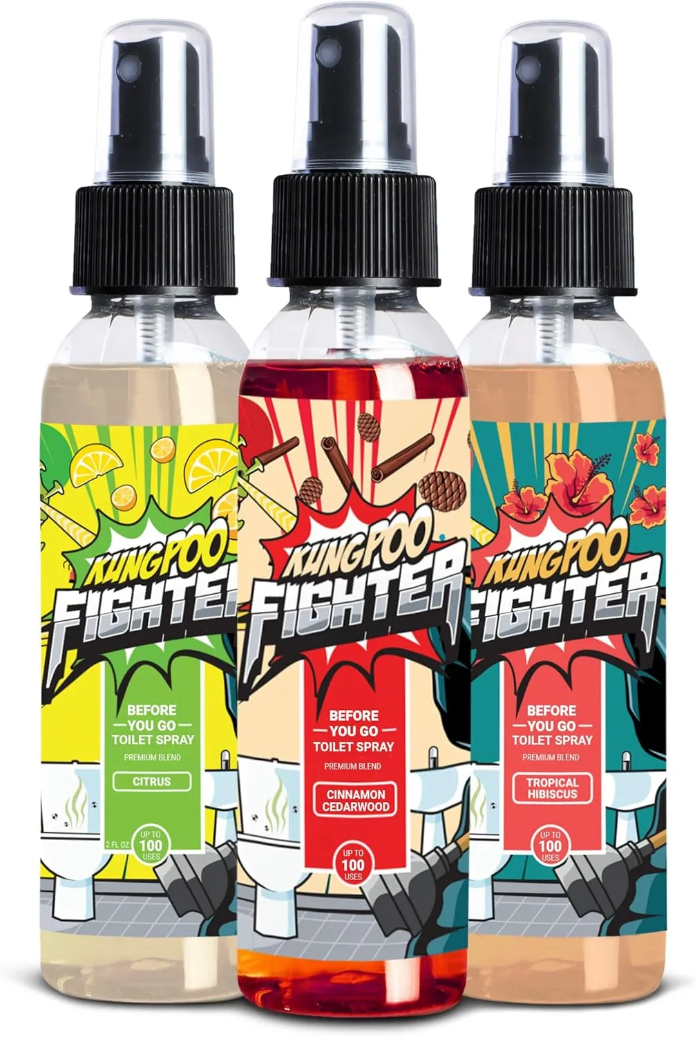 Toilet Spray Variety Pack (2oz, Pack of 3) - Cinnamon Cedarwood, Citrus & Tropical Hibiscus - Before You Go Bathroom Poop Air Freshener Odor Eliminator Funny Gift