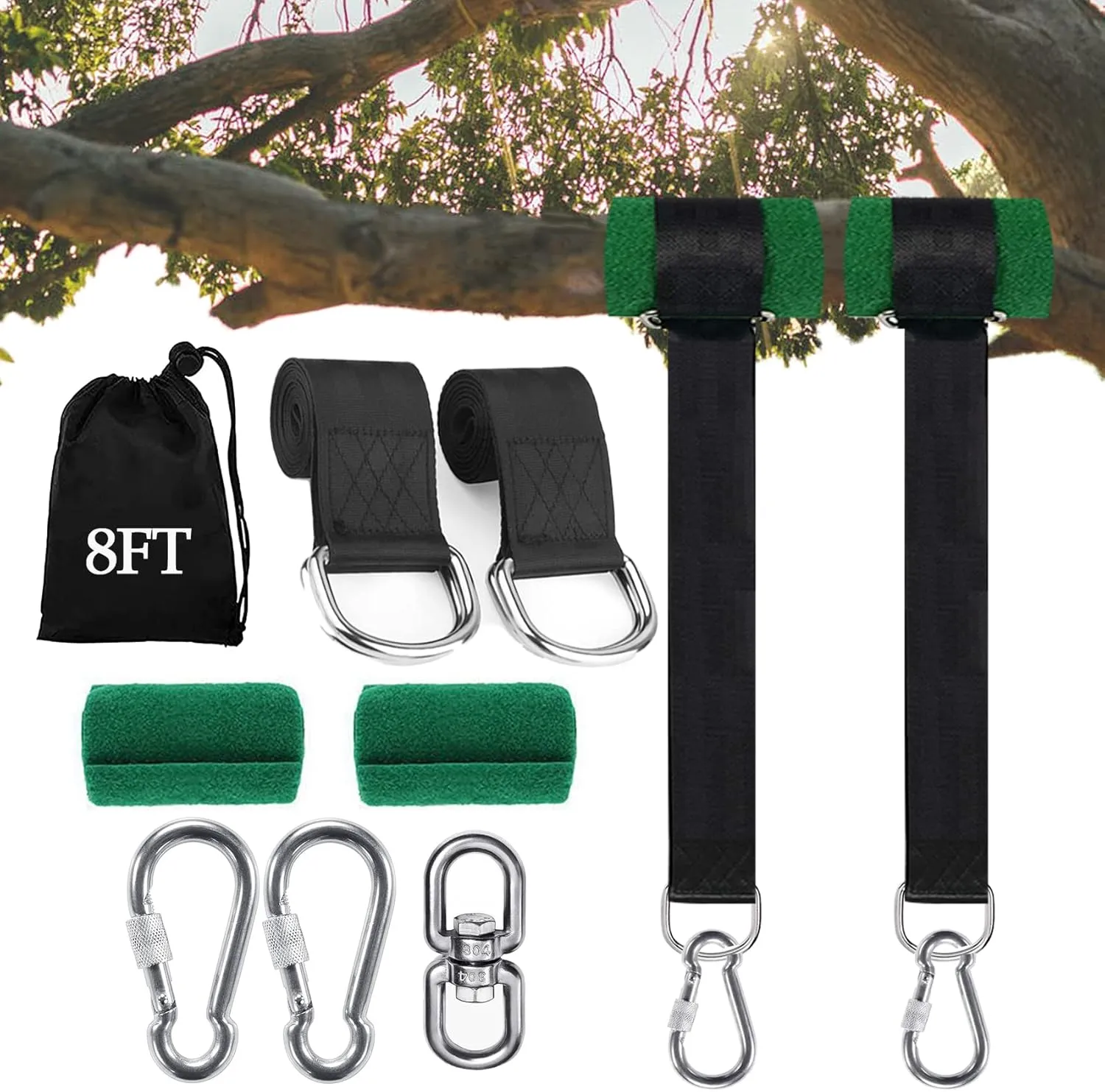 Tree Swing Straps Hanging Kit (Set of 2), 3FT/8FT/10FT/20FT/30FT Tree Swing Straps Holds 5000 lbs with Tree Protector, Heavy Duty Carabiner and Swivel Perfect for Swings & Hammocks(8 FT)