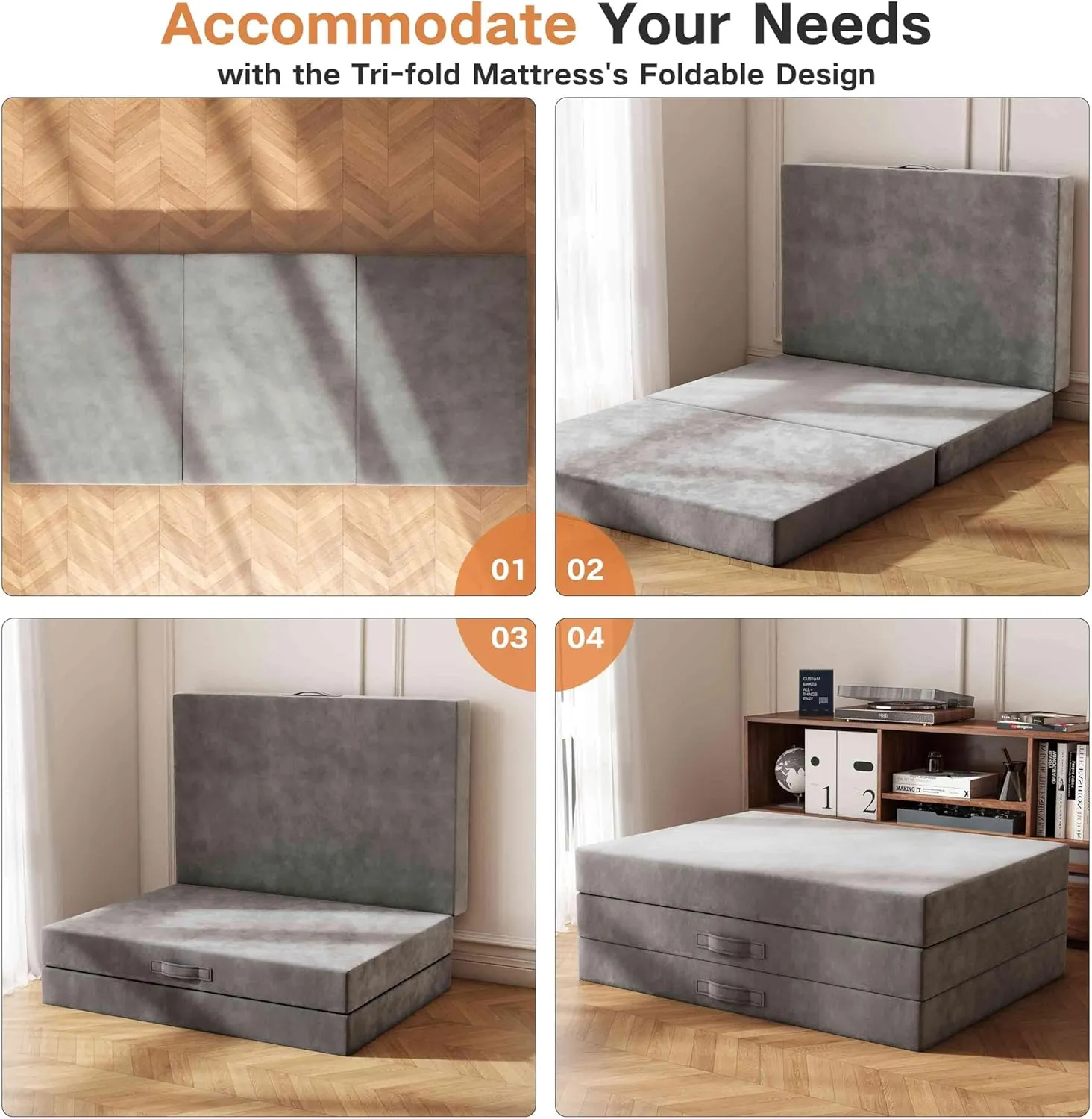 Tri-Fold Memory Foam Mattress, 6 inch Single Folding Mattress with Washable Covers, Reversible Design, Foldable Mattress Topper for Travel&Guests 75" x 25" x 6"