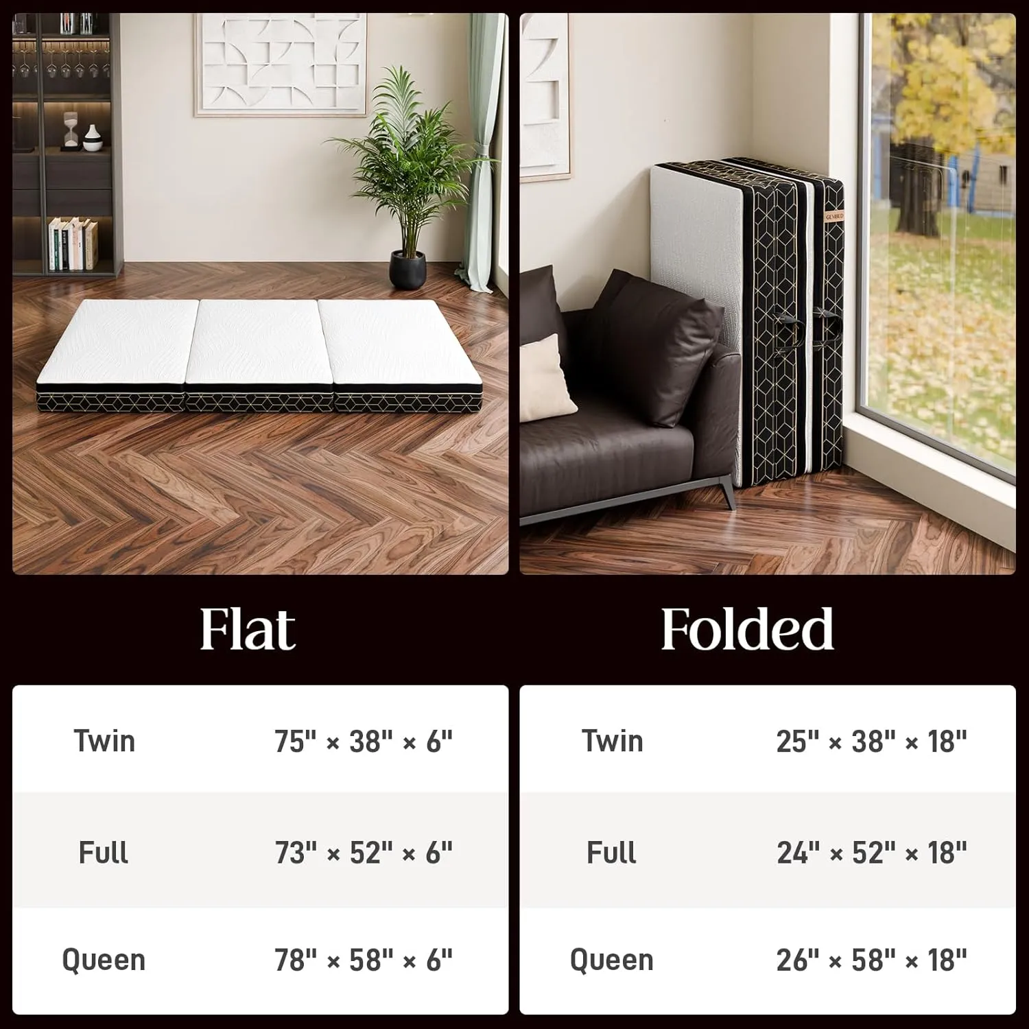 Tri-Fold Memory Foam Mattress Queen - 6 Inch Portable Folding Mattress with Handle & Washable Cover, Floor Bed with Non-Slip Base, Space-Saving for Kids Room, Travel, Guest Bed, Yoga, RV, 78"x58"x6"