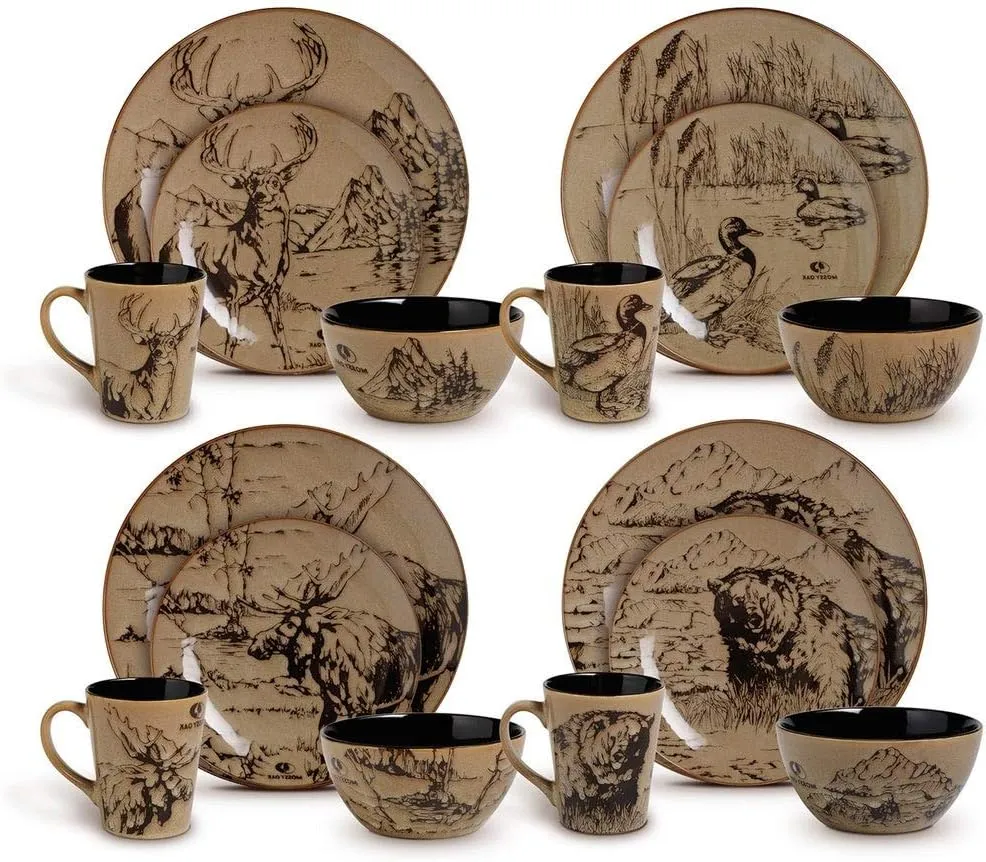 TRP 16 Piece Brown Rustic Stoneware Dinnerware Set, Country Animal Nature Themed Design, Resistant to Breakage, Durable for 4, Dinner/Salad Plates, Soup Bowl & Mugs