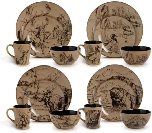 TRP 16 Piece Brown Rustic Stoneware Dinnerware Set, Country Animal Nature Themed Design, Resistant to Breakage, Durable for 4, Dinner/Salad Plates, Soup Bowl & Mugs