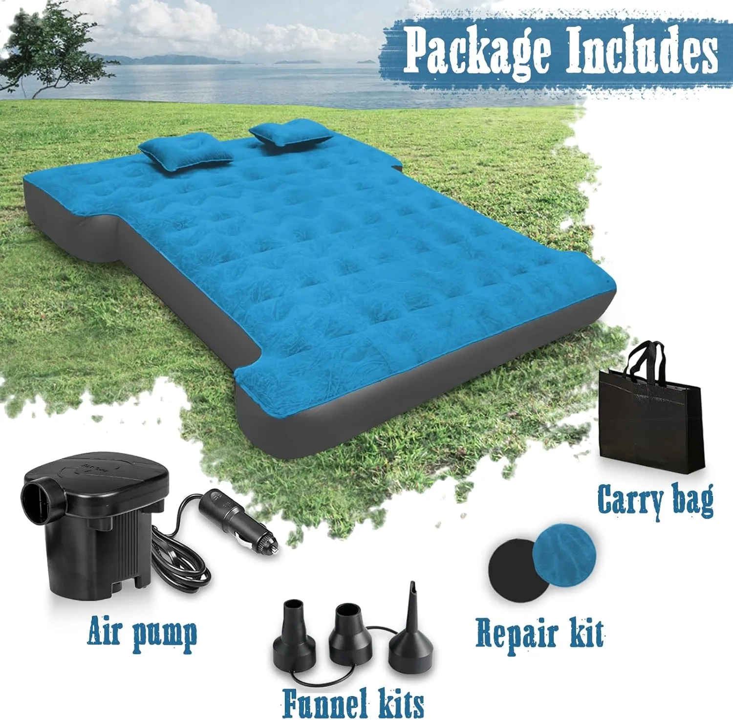 Truck Bed Air Mattress, Full Size Truck Beds, Inflatable Air Mattress Bed with Air Pump 2 Pillows, Carry Bag, Pickup Bed Air Mattress for Chevrolet Silverado, Dodge Ram, Ford, Blue