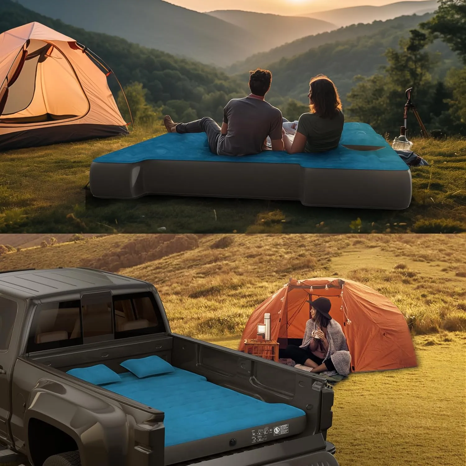 Truck Bed Air Mattress, Full Size Truck Beds, Inflatable Air Mattress Bed with Air Pump 2 Pillows, Carry Bag, Pickup Bed Air Mattress for Chevrolet Silverado, Dodge Ram, Ford, Blue